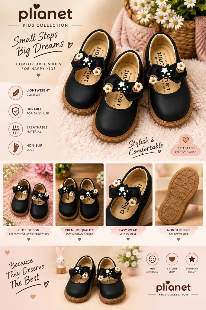 Plianet Black Velvet Bow & Daisy Mary Jane Princess Shoes